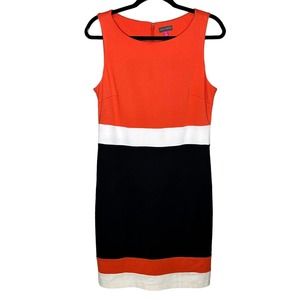 Vince Camuto Orange Black White Stripe Colorblock Midi Sheath Dress Womens 8